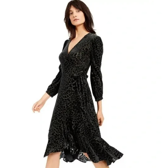 Calvin Klein Black Sheer Leopard Velvet Burnout Wrap Dress Gothic Glam 8 - Picture 1 of 16